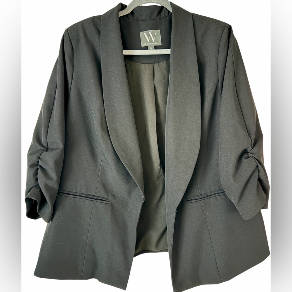 Worthington Women’s Black Open Front Blazer | 0X | Ruched Sleeve | Business